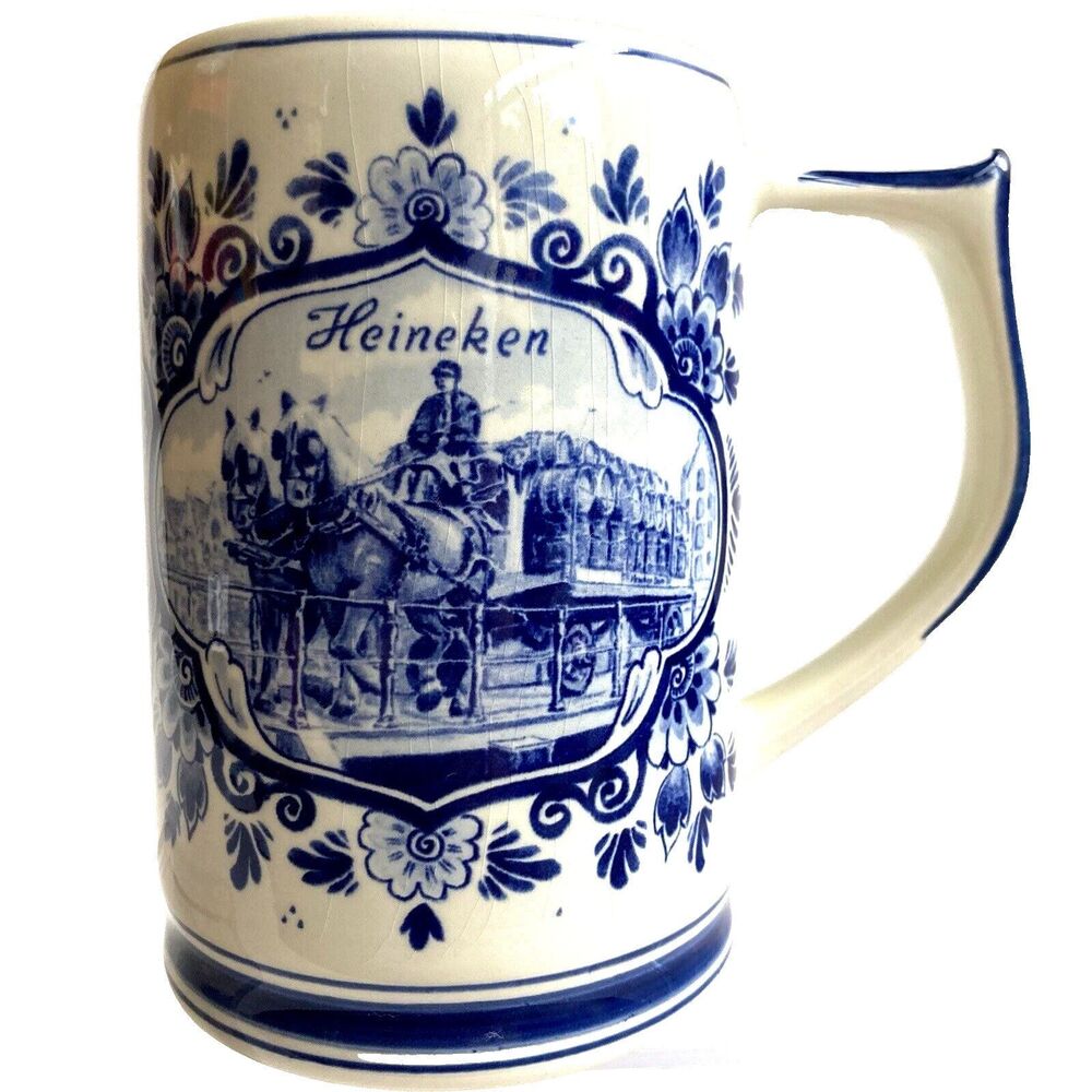 Vtg Ceramic Heineken Beer Stein Mug Cup Made Holland Delft Blue Horses Windmill